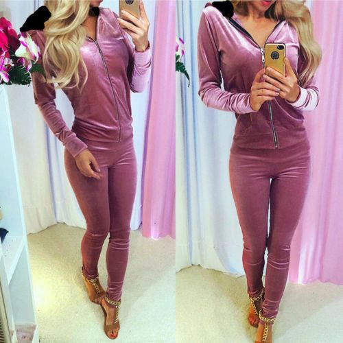 Hooded Zip-Up Velour-Look Tracksuit - Dusty Pink
