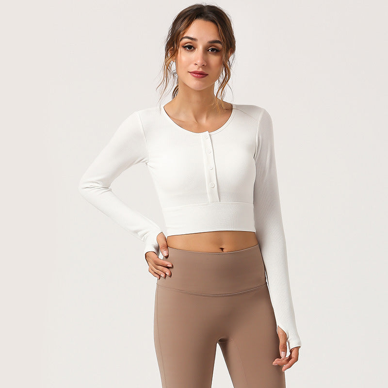 Long Sleeve Henley Crop Top - White