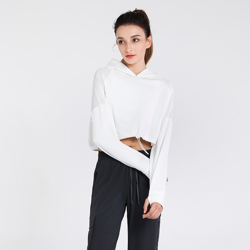 Cropped Hoodie with Drawcord Hem - White