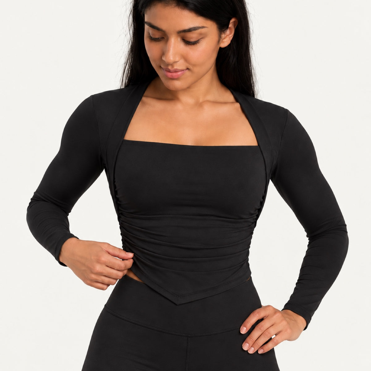 Square-Neck Long Sleeve Top with Built-In Bra - detail