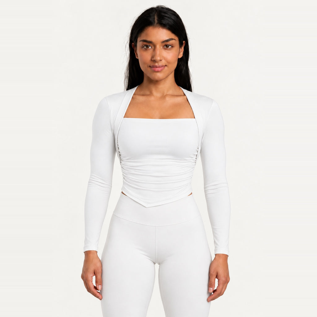 Square-Neck Long Sleeve Top with Built-In Bra - Ivory