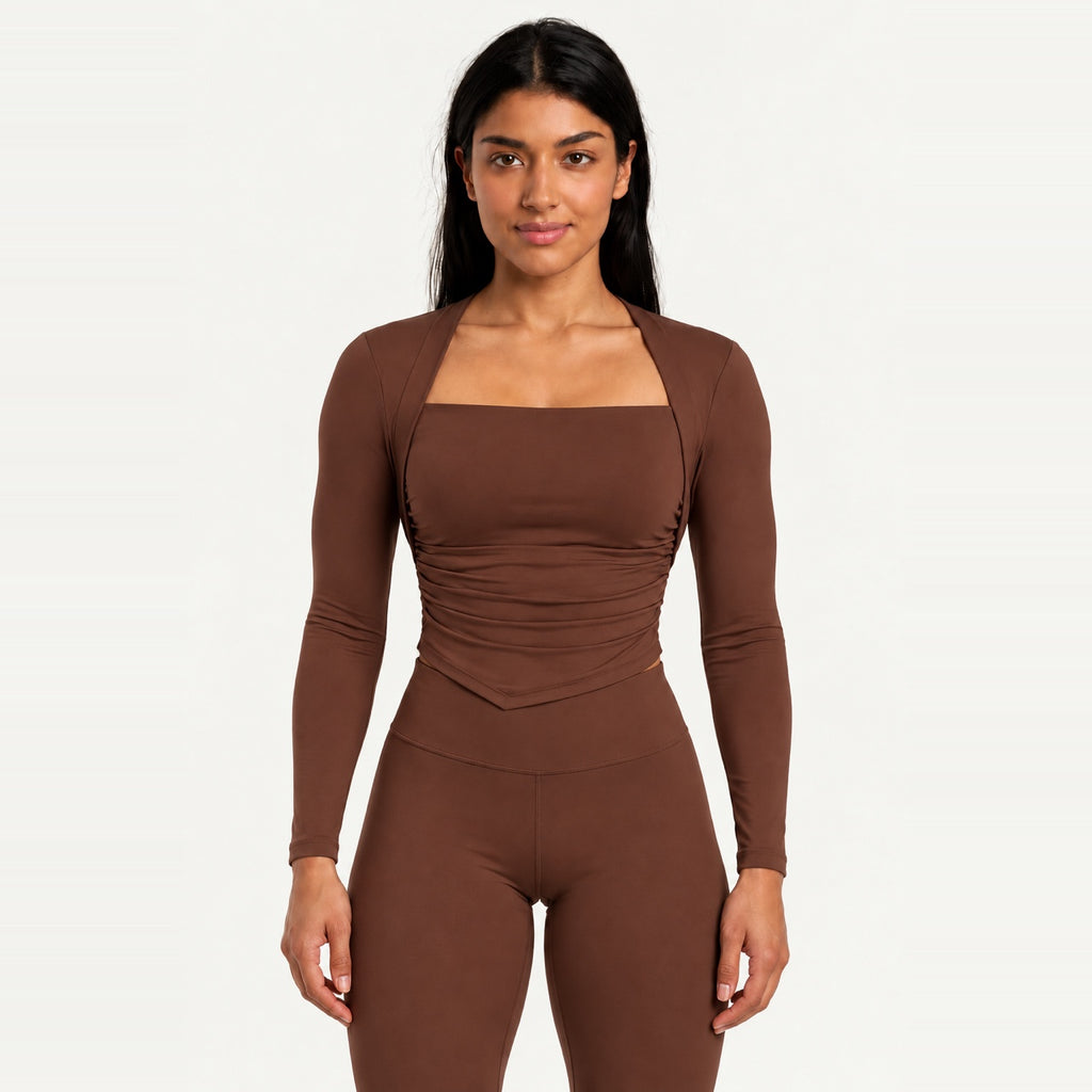 Square-Neck Long Sleeve Top with Built-In Bra - Chestnut