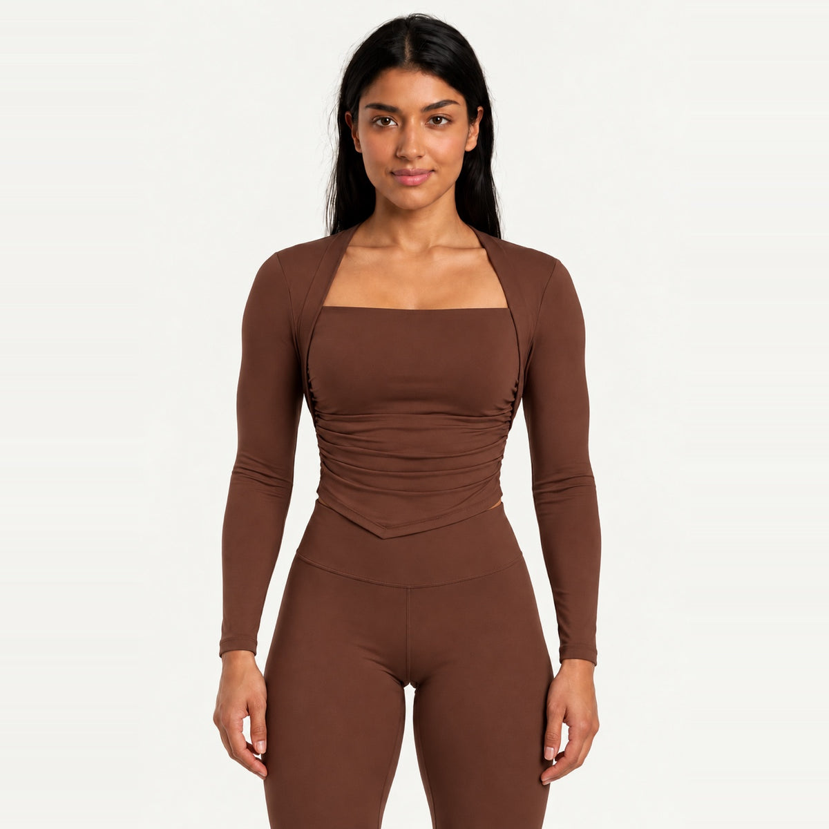 Square-Neck Long Sleeve Top with Built-In Bra - Chestnut