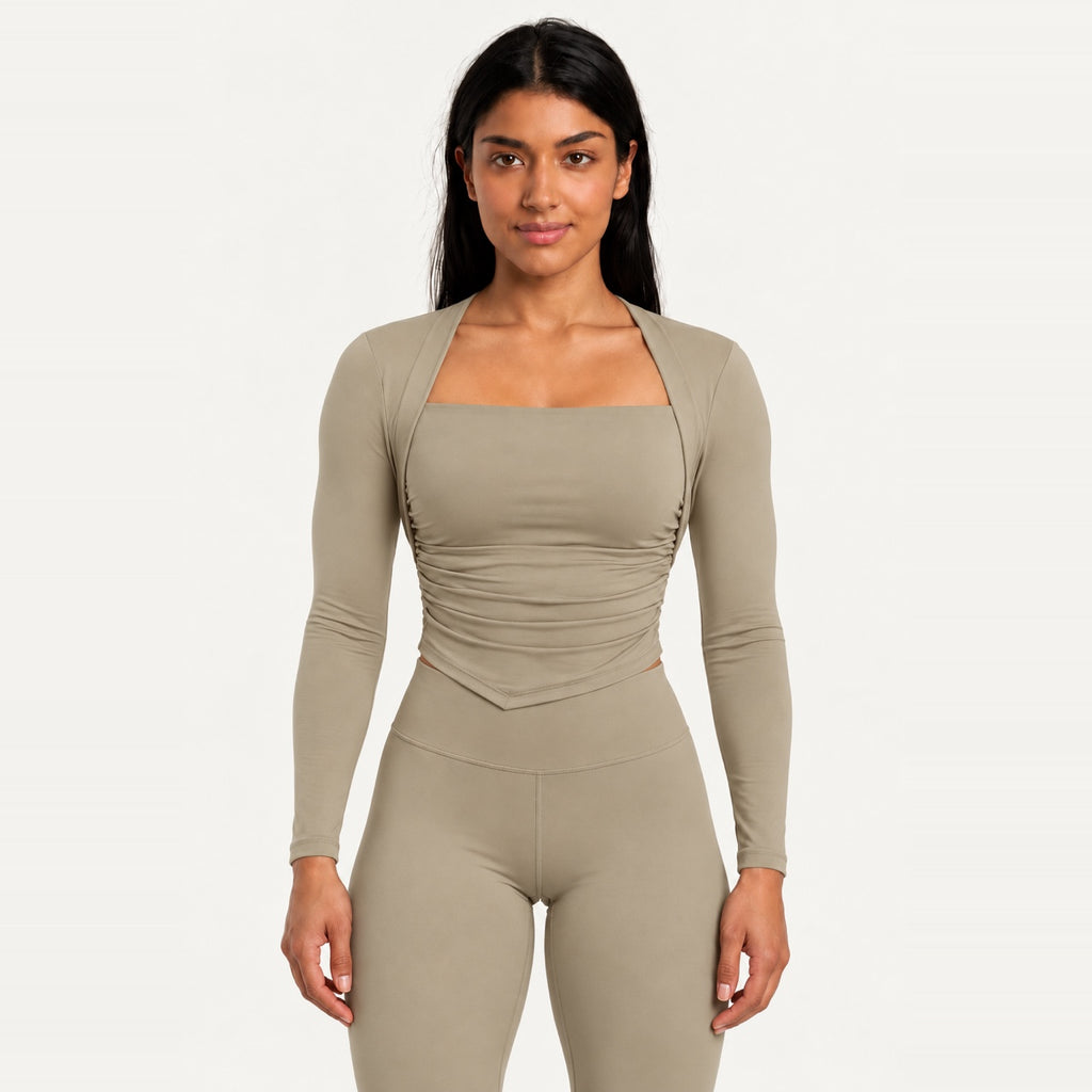 Square-Neck Long Sleeve Top with Built-In Bra - Khaki