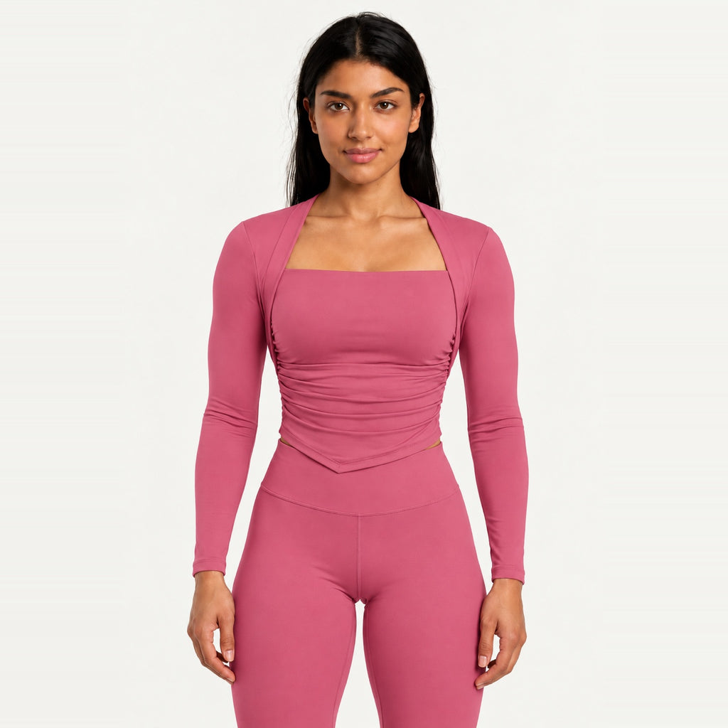 Square-Neck Long Sleeve Top with Built-In Bra - Rose Pink
