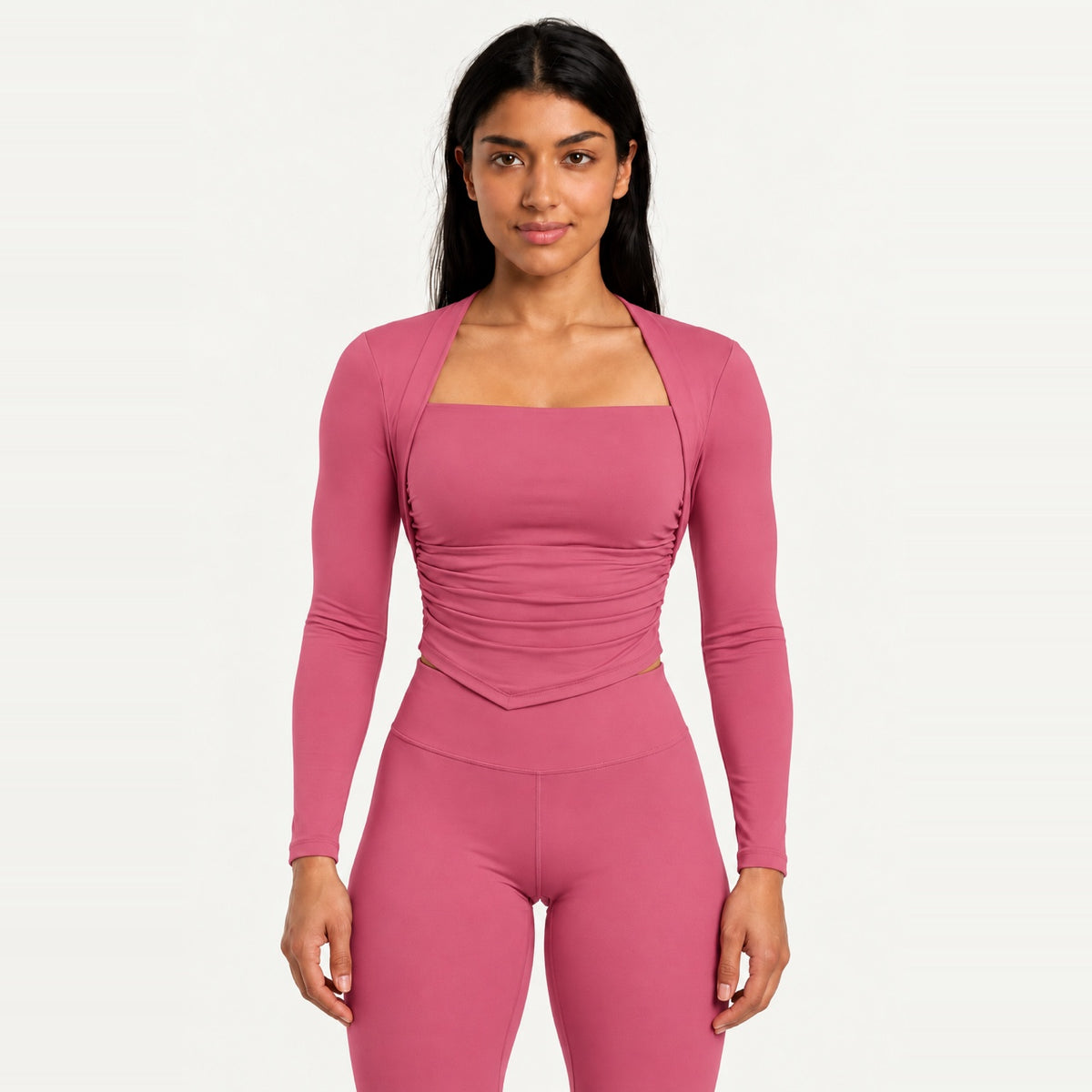 Square-Neck Long Sleeve Top with Built-In Bra - Rose Pink