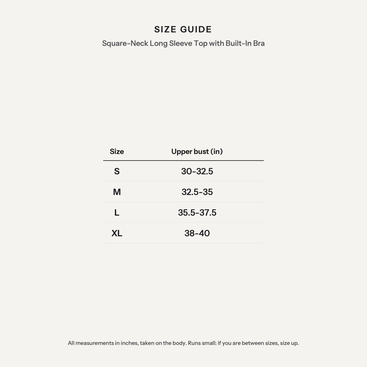 Square-Neck Long Sleeve Top with Built-In Bra - size guide