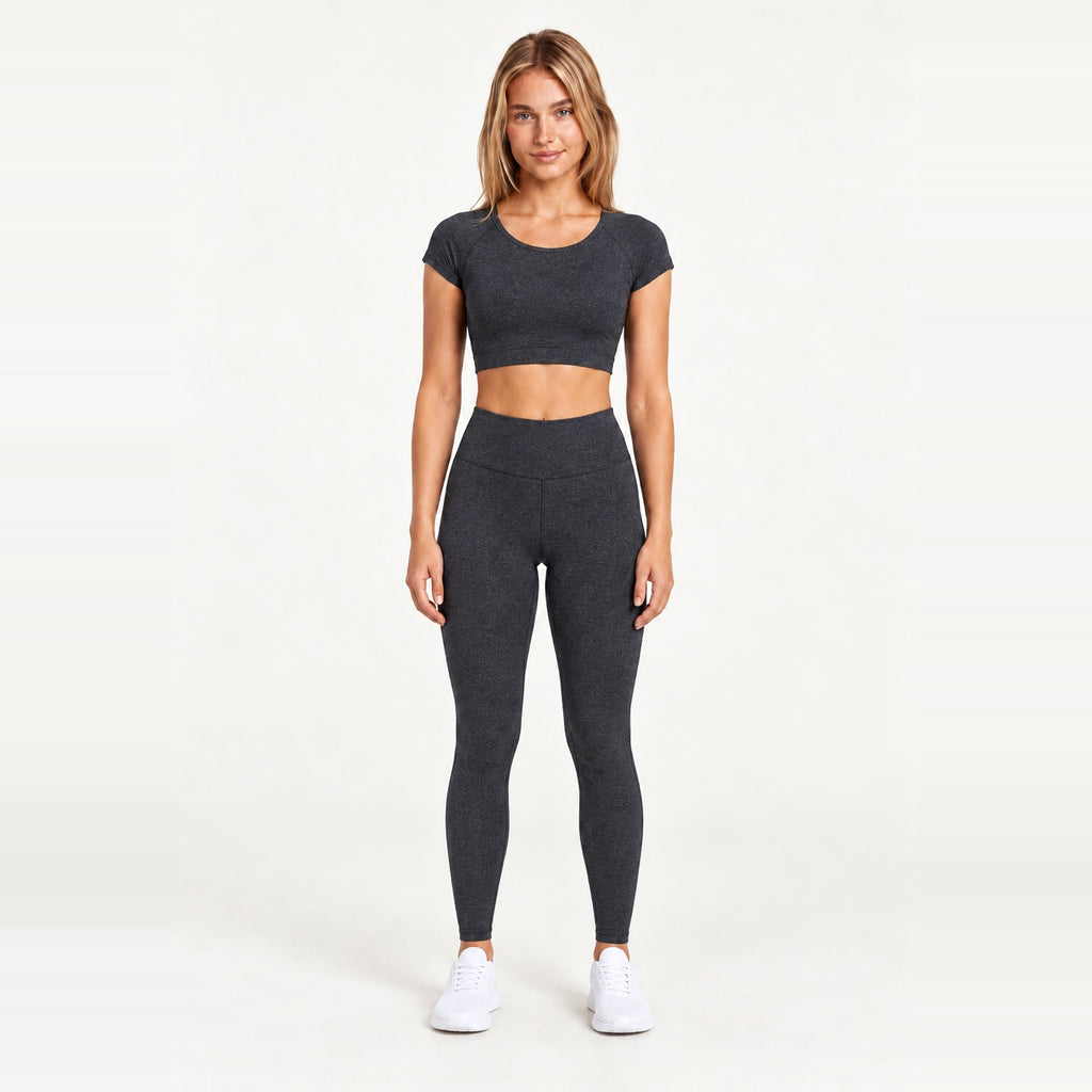 Short Sleeve Crop Top and Leggings Set - Charcoal