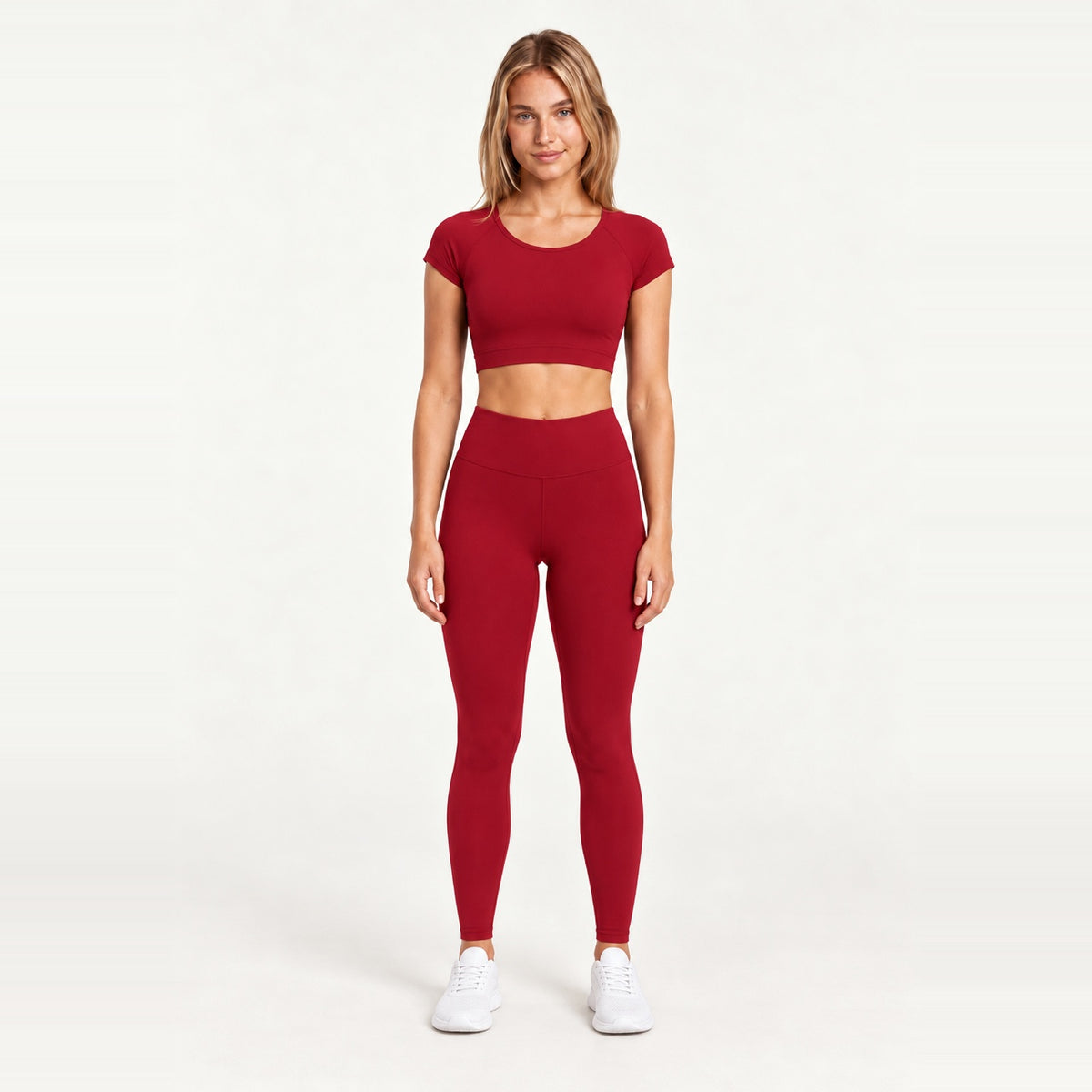 Short Sleeve Crop Top and Leggings Set - Crimson