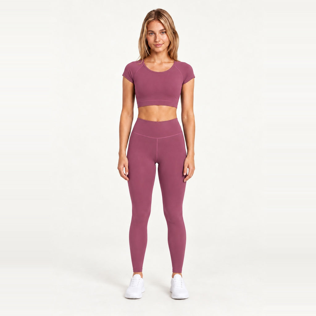 Short Sleeve Crop Top and Leggings Set - Berry