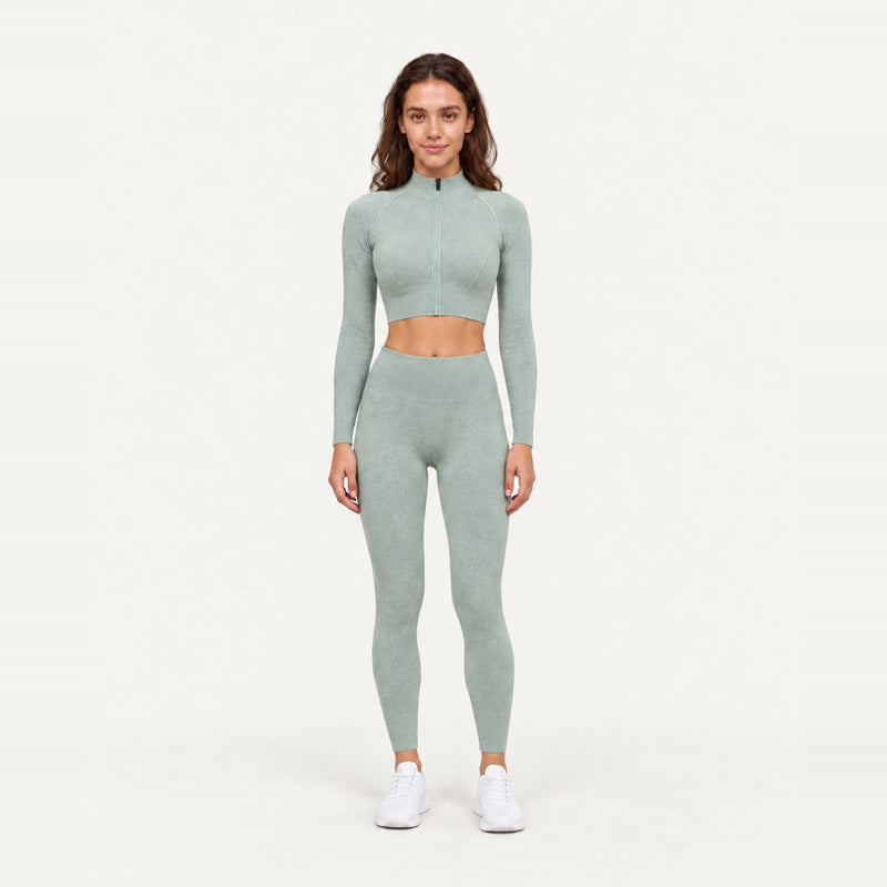 Long Sleeve Zip-Up Top and Leggings Set - Sage