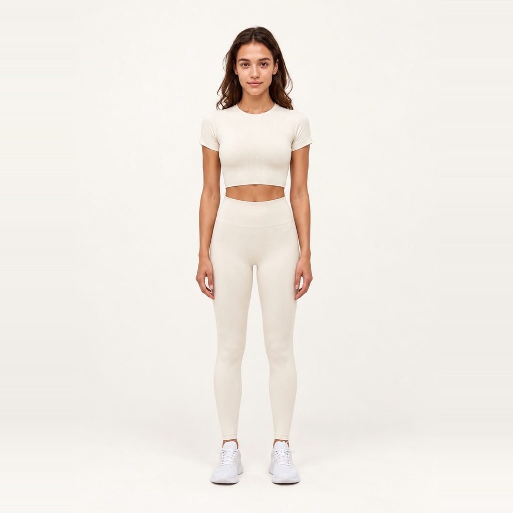 Short Sleeve Textured Crop Top and Leggings Set - Cream