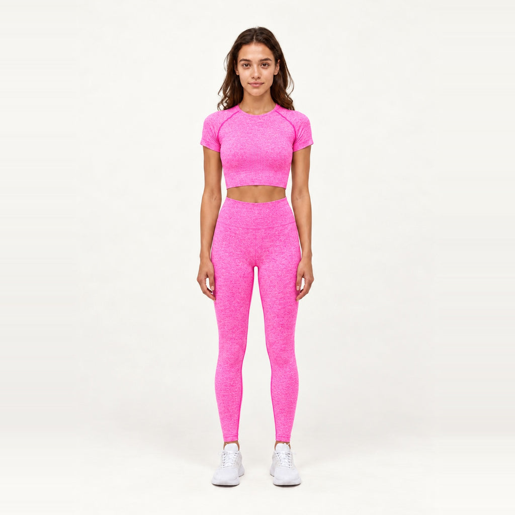 Short Sleeve Textured Crop Top and Leggings Set - Hot Pink