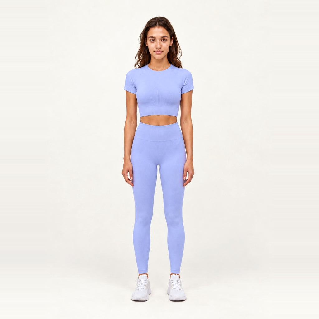 Short Sleeve Textured Crop Top and Leggings Set - Periwinkle