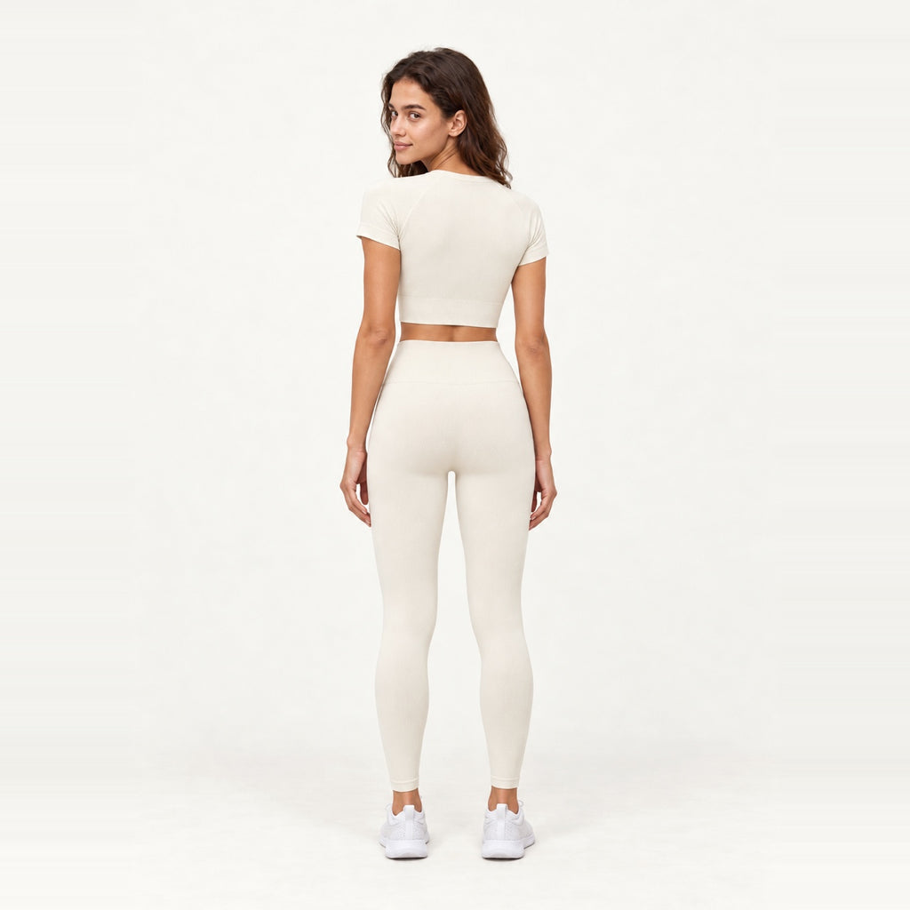 Short Sleeve Textured Crop Top and Leggings Set - back view