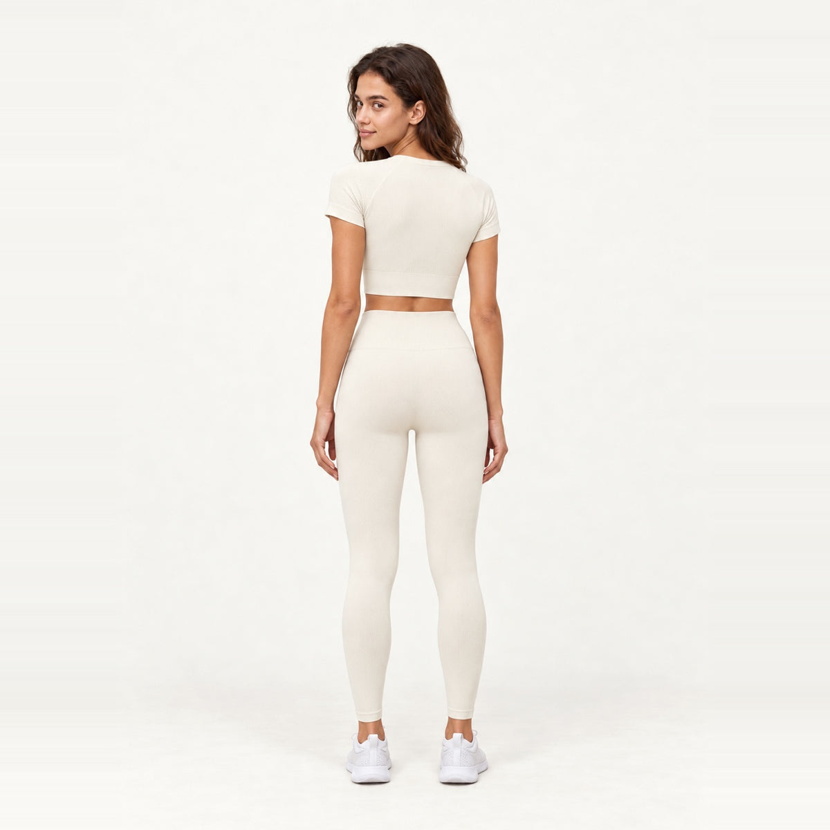 Short Sleeve Textured Crop Top and Leggings Set - back view