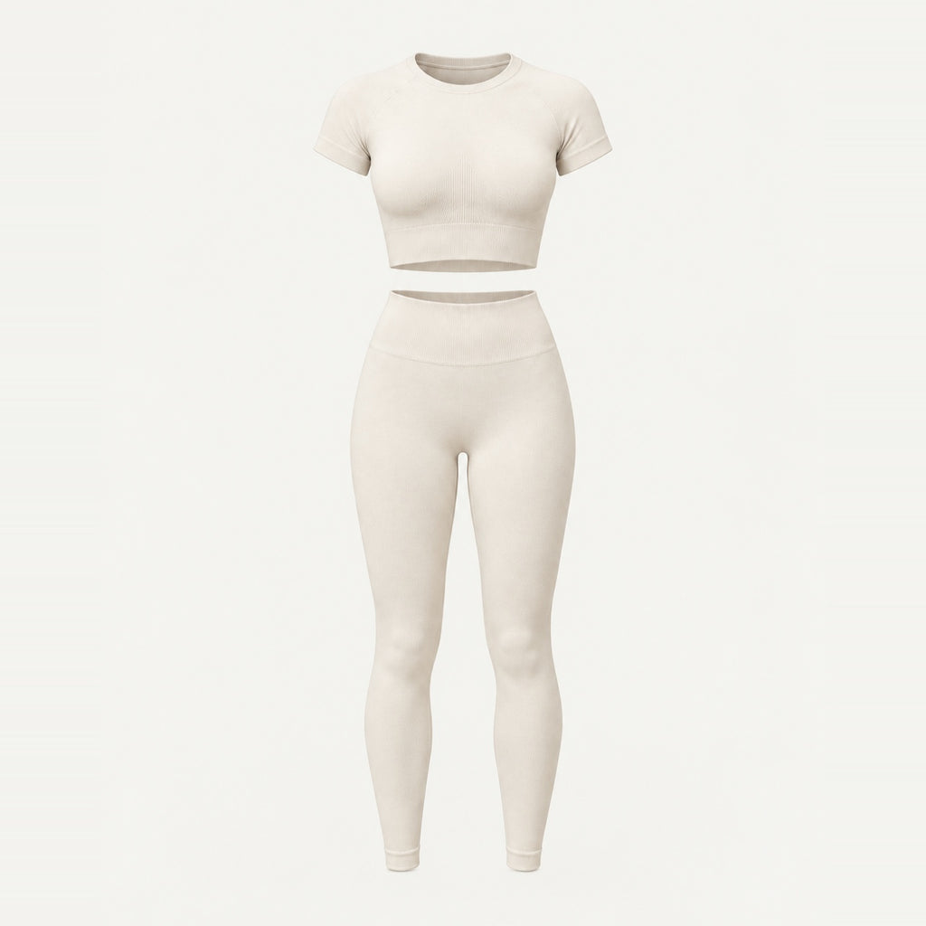 Short Sleeve Textured Crop Top and Leggings Set - product only