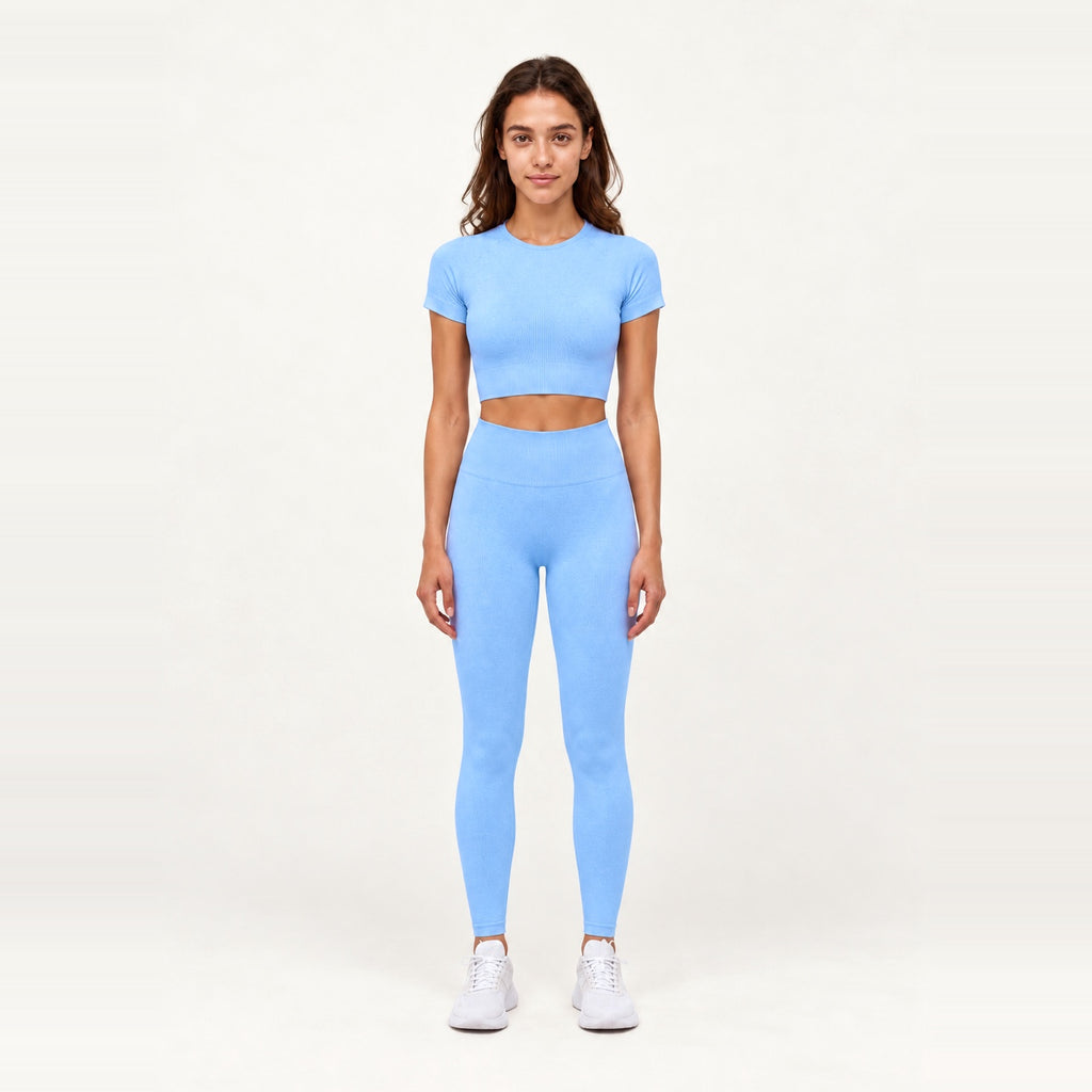 Short Sleeve Textured Crop Top and Leggings Set - Sky Blue