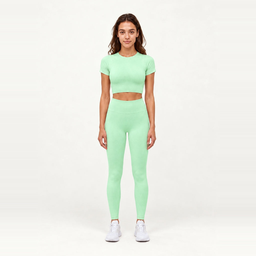 Short Sleeve Textured Crop Top and Leggings Set - Mint