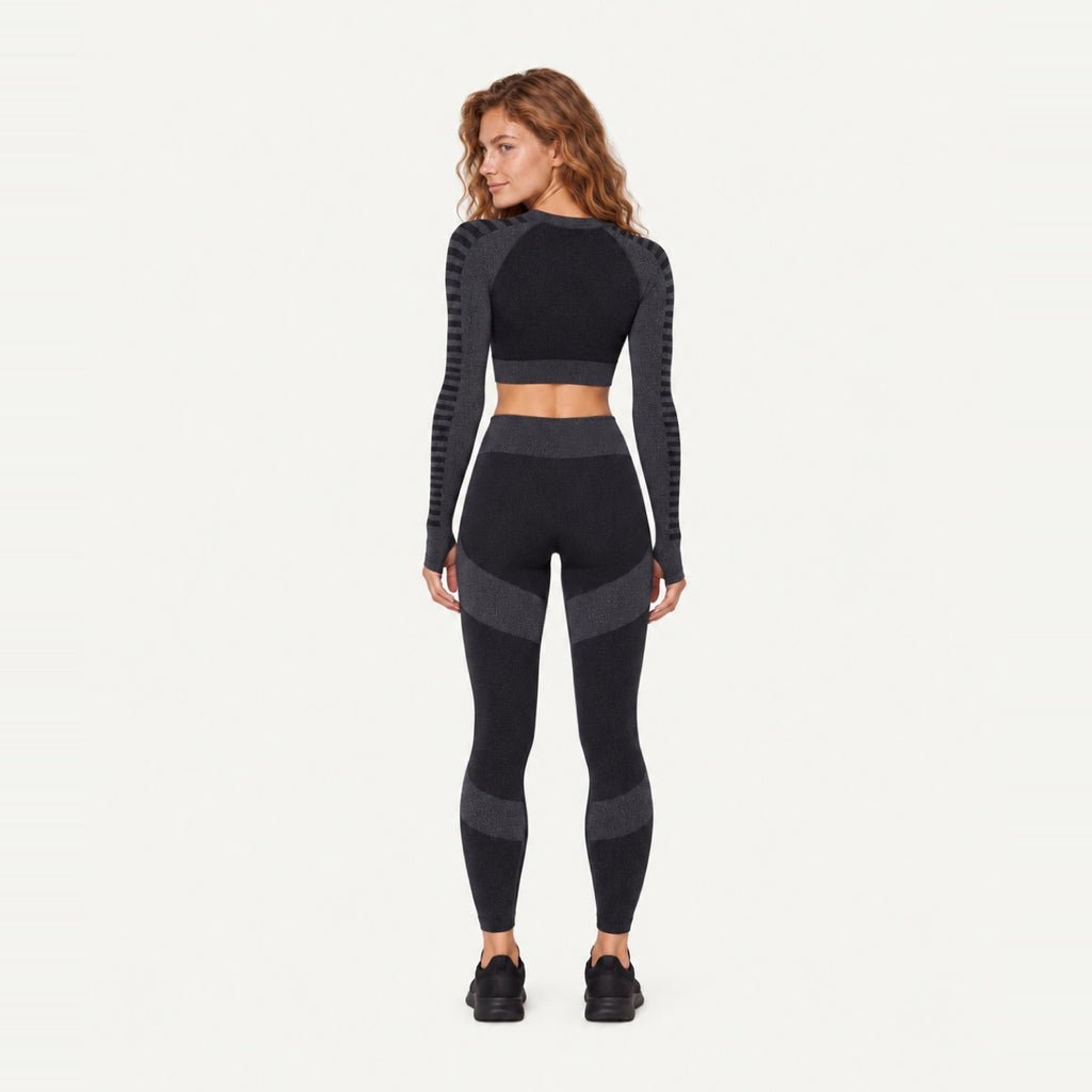 Striped-Panel Long Sleeve Crop Top and Leggings Set - back view