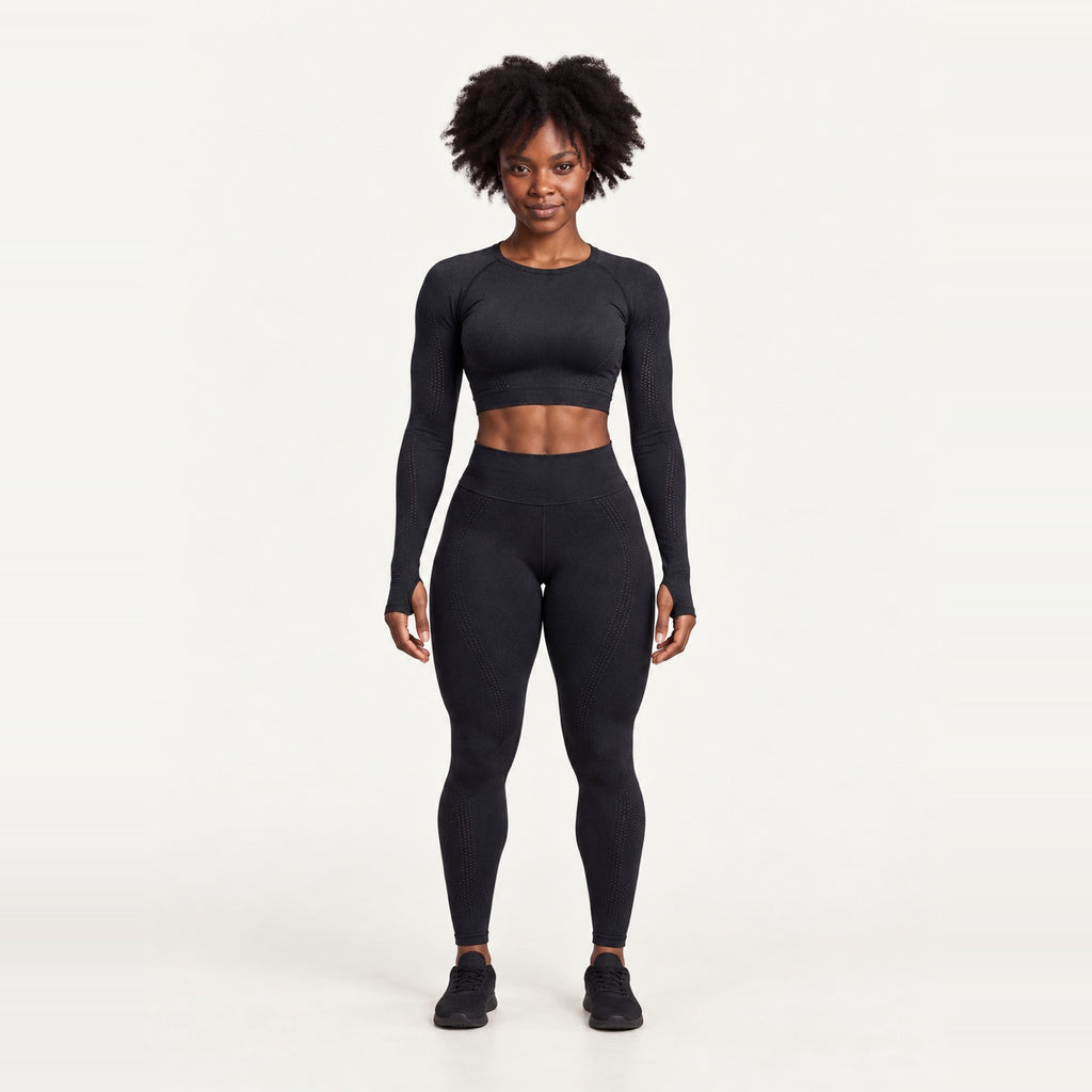 Long Sleeve Crop Top and Dotted-Panel Leggings Set - Black