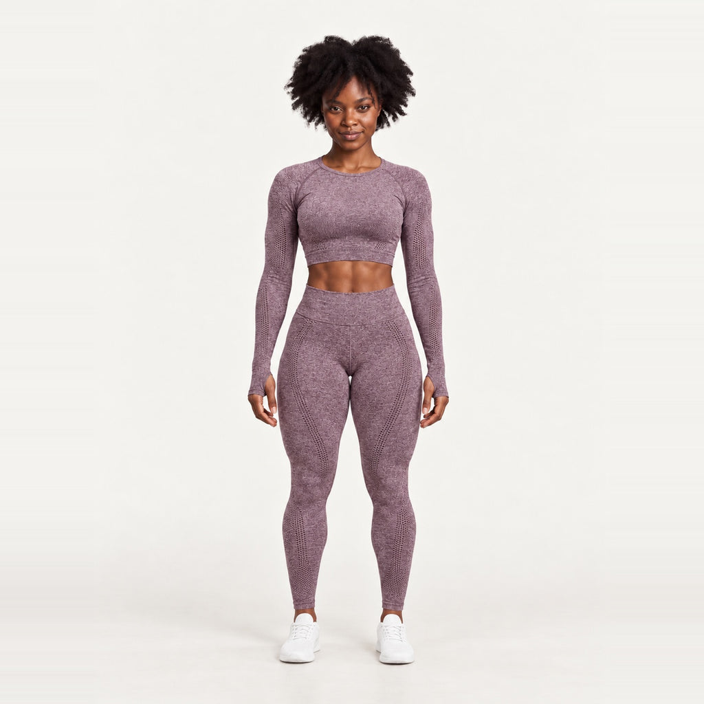 Long Sleeve Crop Top and Dotted-Panel Leggings Set - Mauve