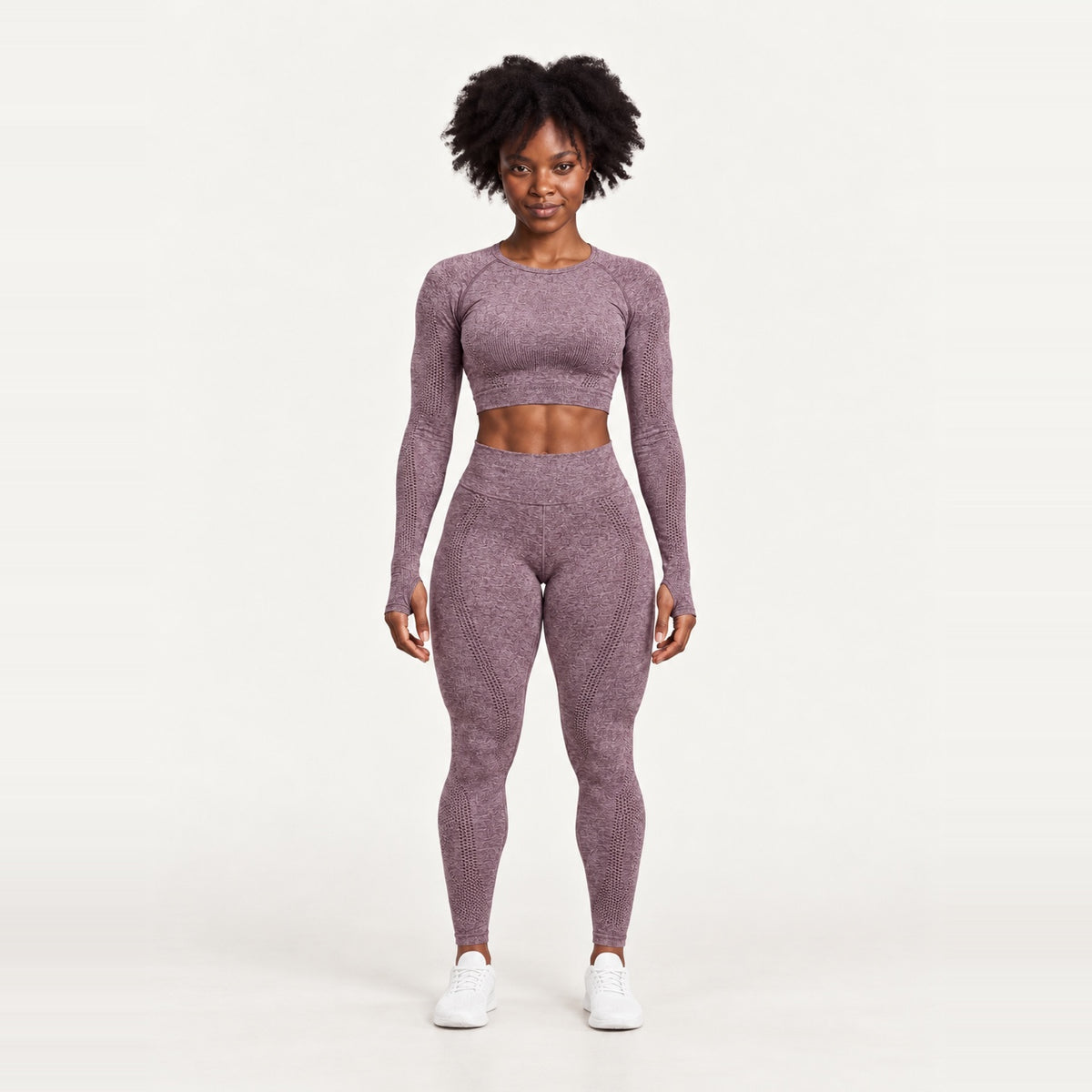Long Sleeve Crop Top and Dotted-Panel Leggings Set - Mauve