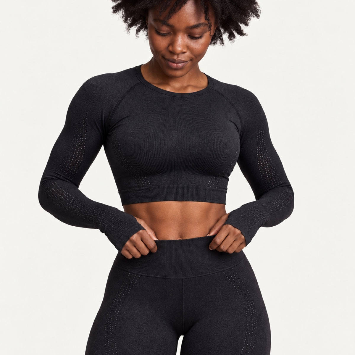 Long Sleeve Crop Top and Dotted-Panel Leggings Set - detail