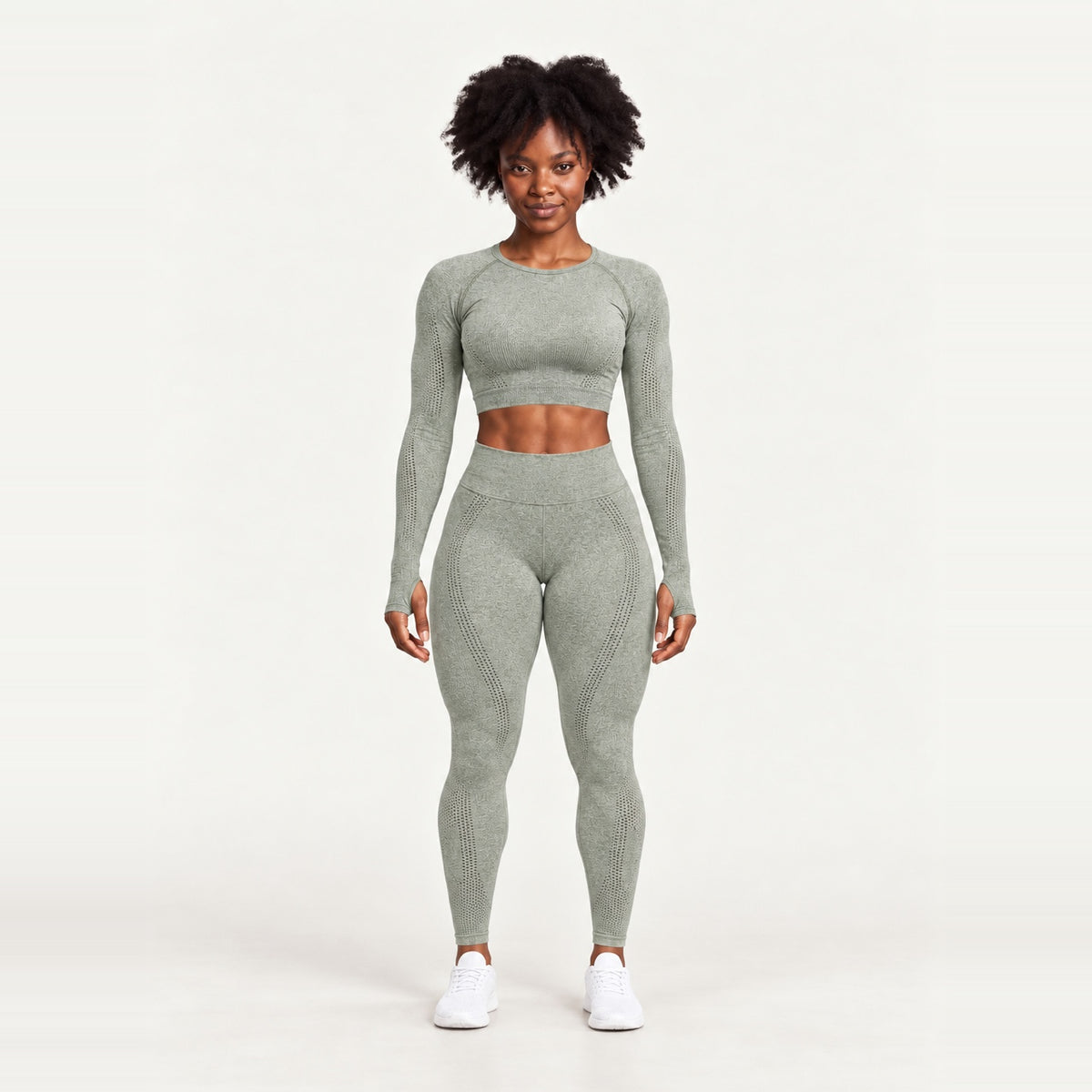 Long Sleeve Crop Top and Dotted-Panel Leggings Set - Sage