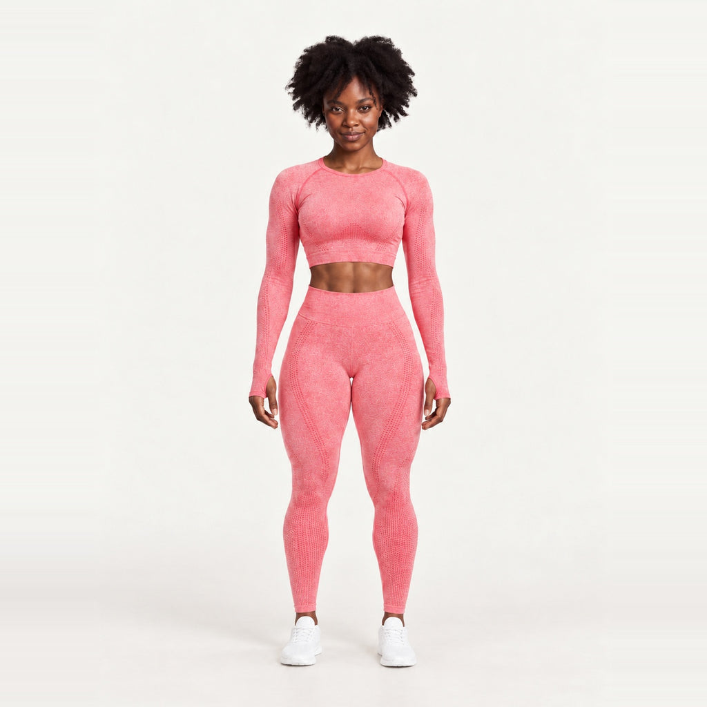 Long Sleeve Crop Top and Dotted-Panel Leggings Set - Coral
