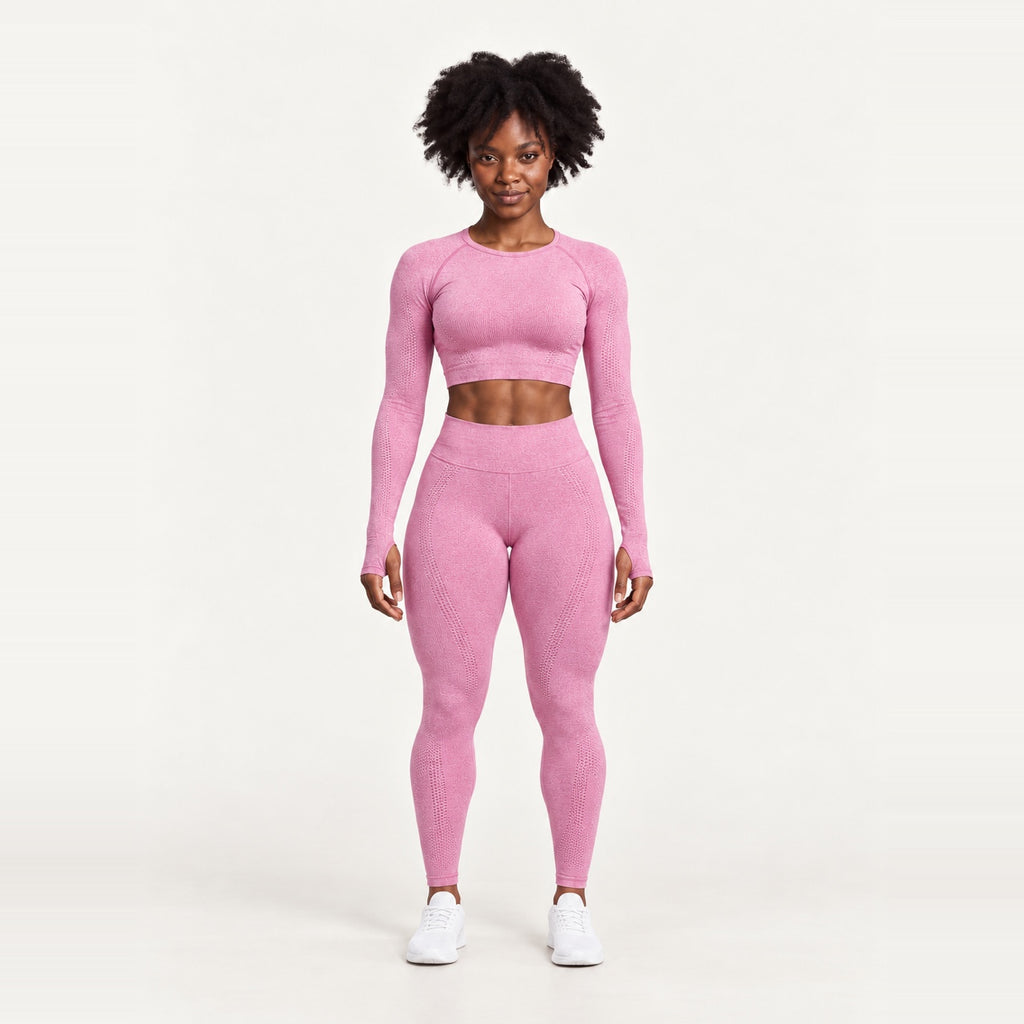 Long Sleeve Crop Top and Dotted-Panel Leggings Set - Pink