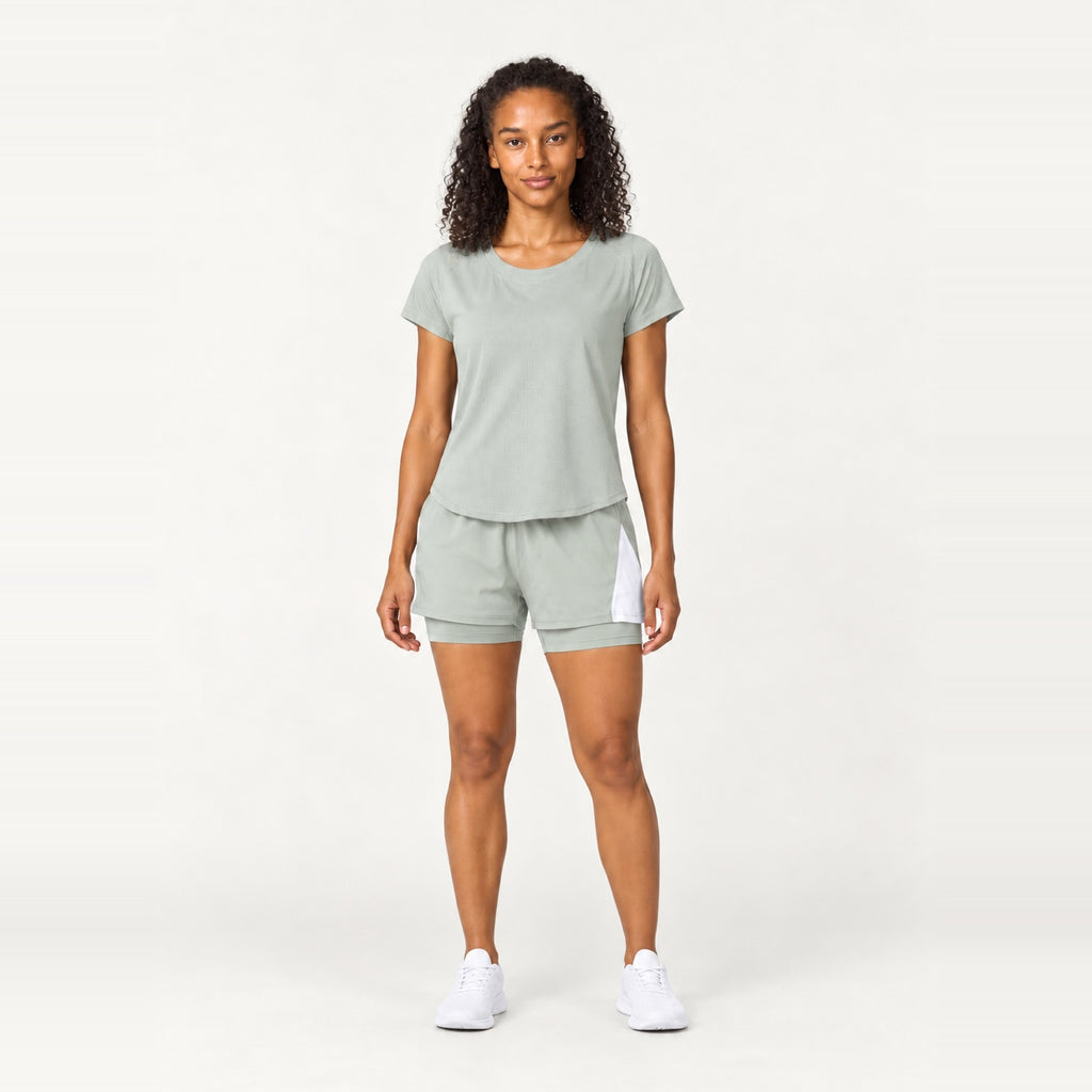 Short Sleeve Top and Contrast-Panel Shorts Set - Sage