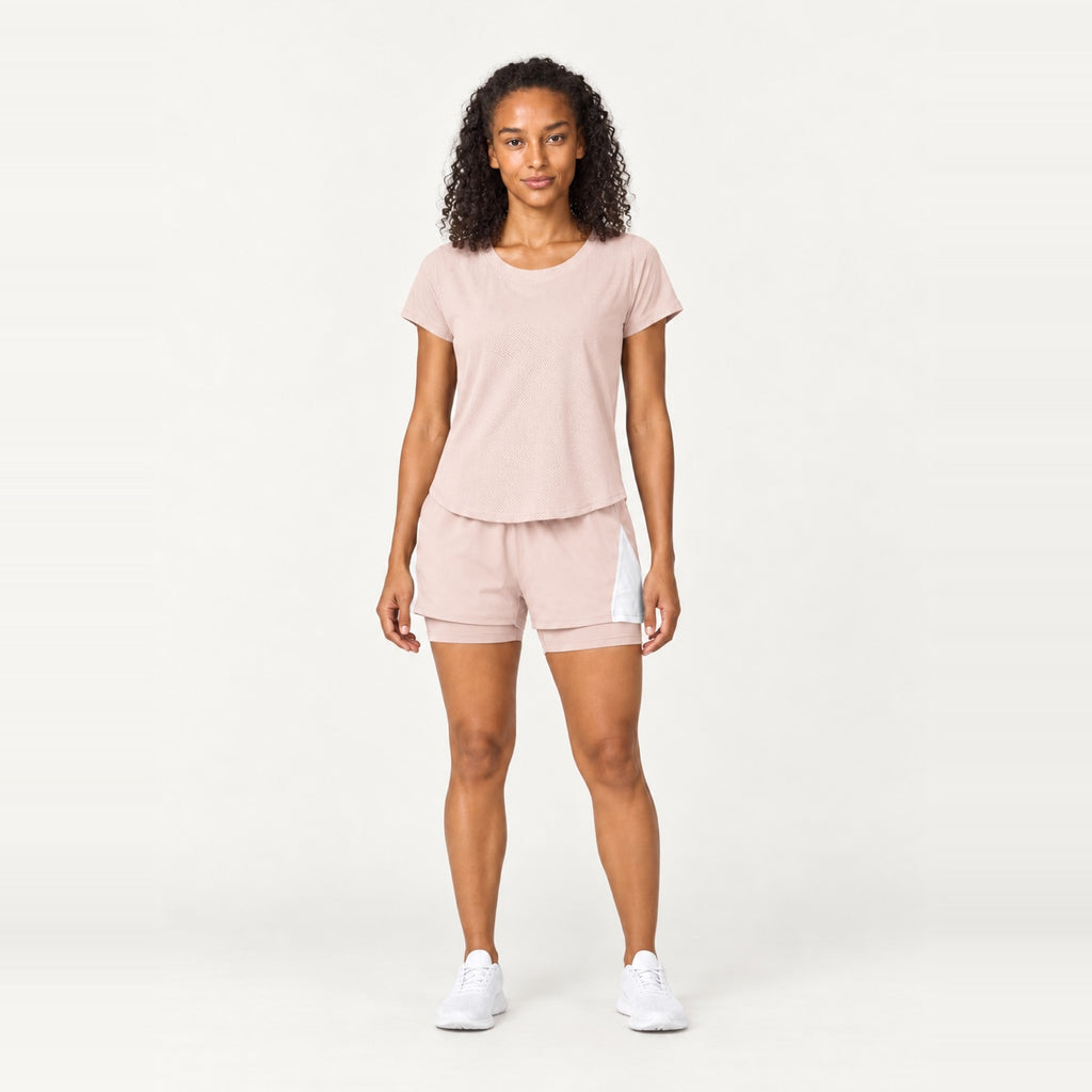 Short Sleeve Top and Contrast-Panel Shorts Set - Blush
