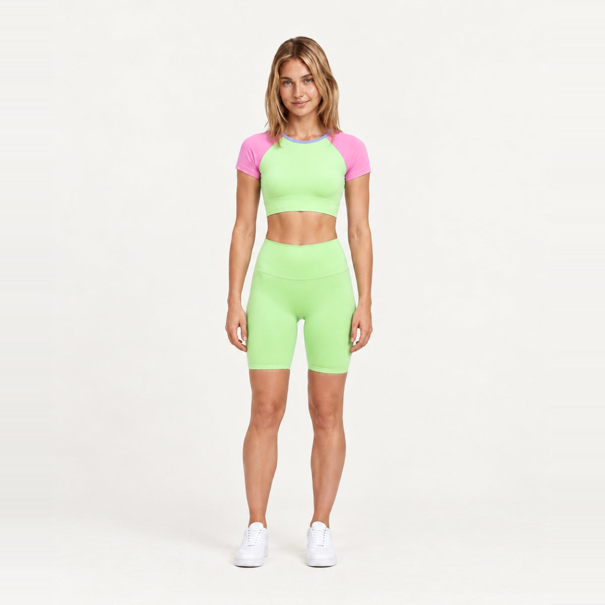 Contrast-Sleeve Crop Top and Biker Shorts Set - Lime