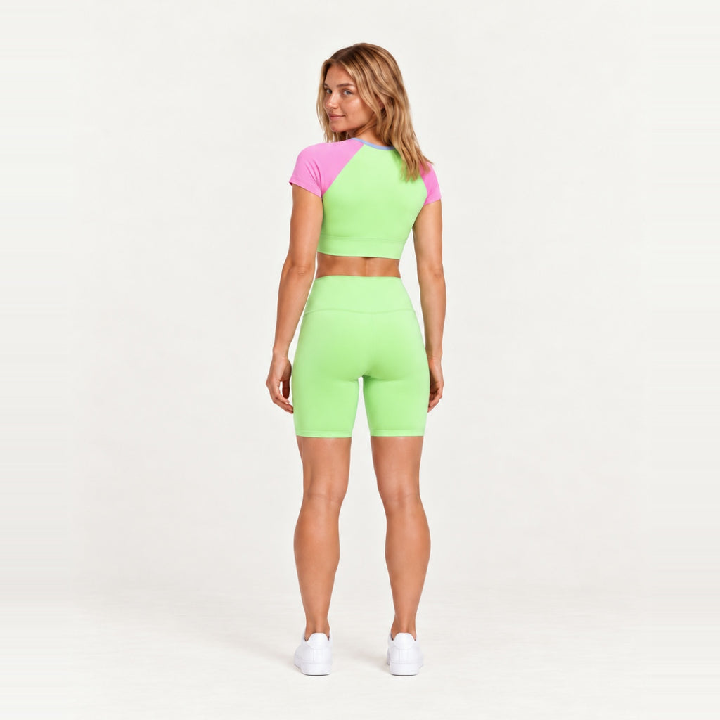 Contrast-Sleeve Crop Top and Biker Shorts Set - back view