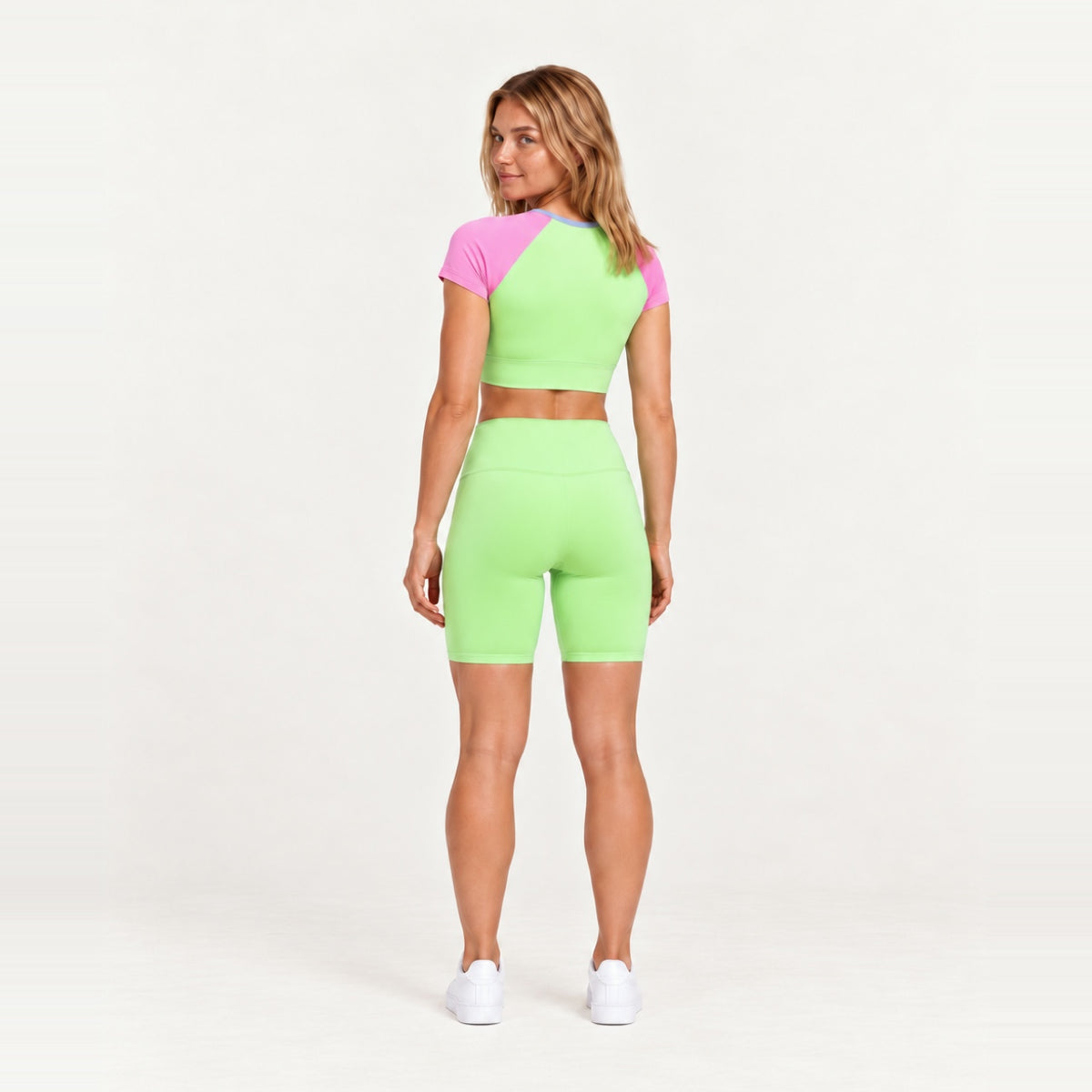 Contrast-Sleeve Crop Top and Biker Shorts Set - back view