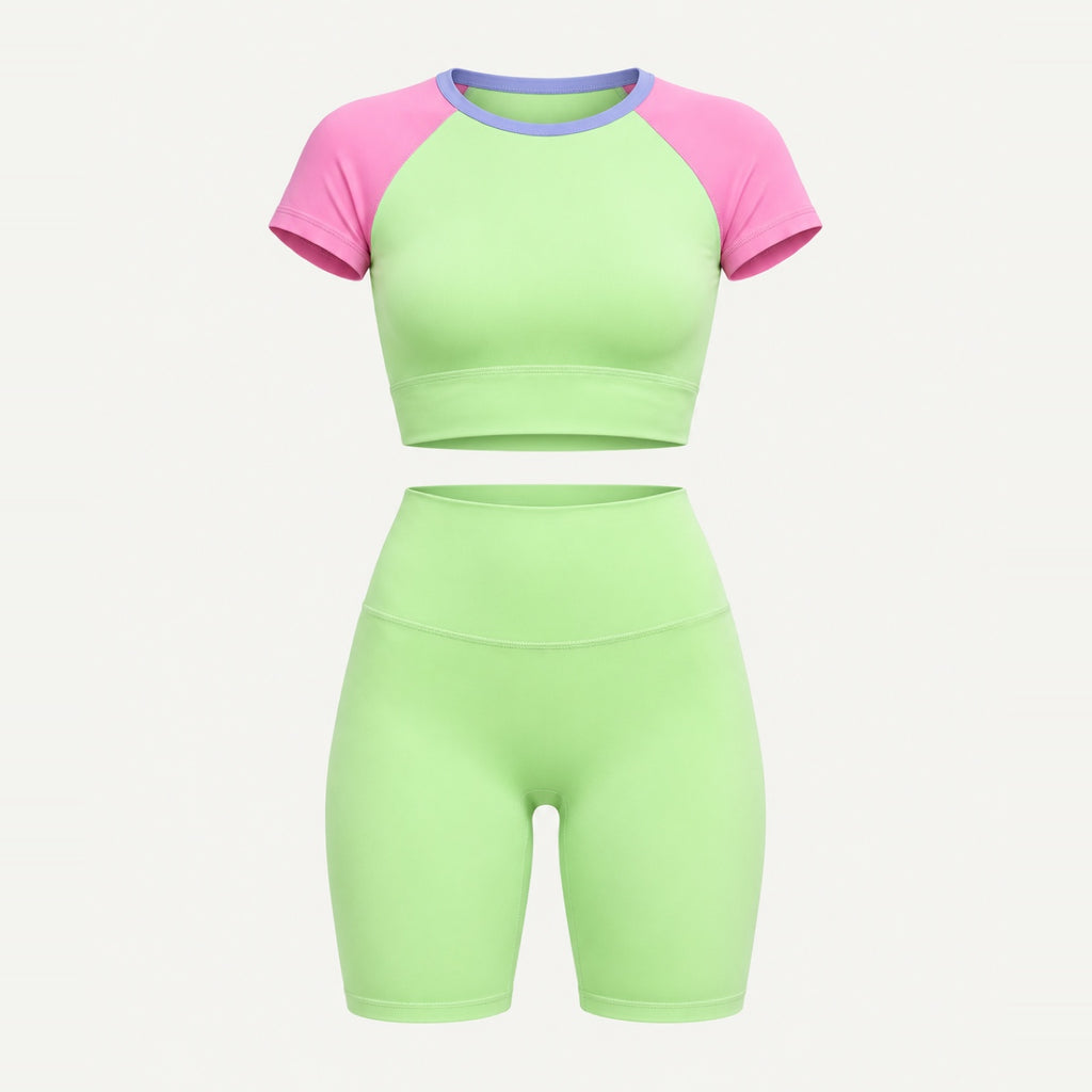 Contrast-Sleeve Crop Top and Biker Shorts Set - product only