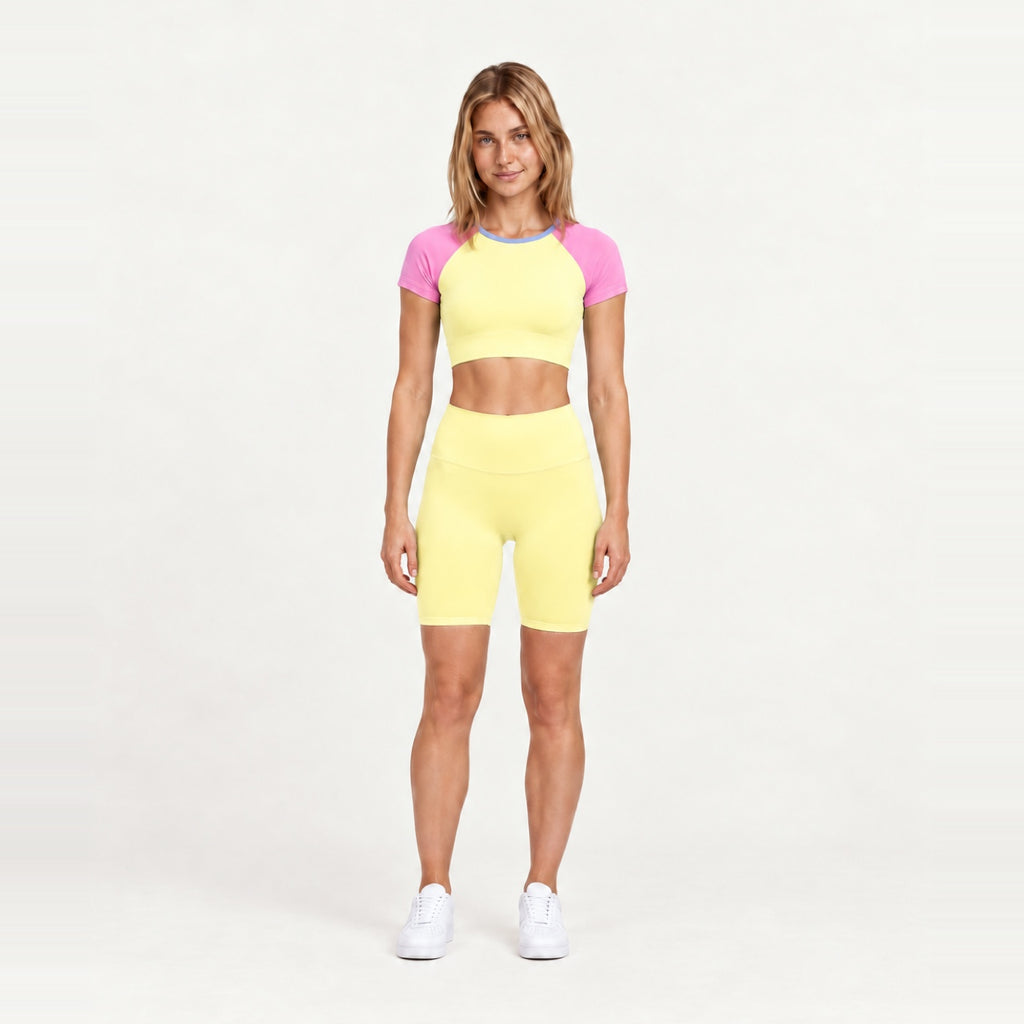Contrast-Sleeve Crop Top and Biker Shorts Set - Yellow
