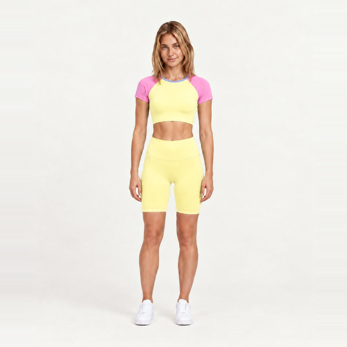 Contrast-Sleeve Crop Top and Biker Shorts Set - Yellow