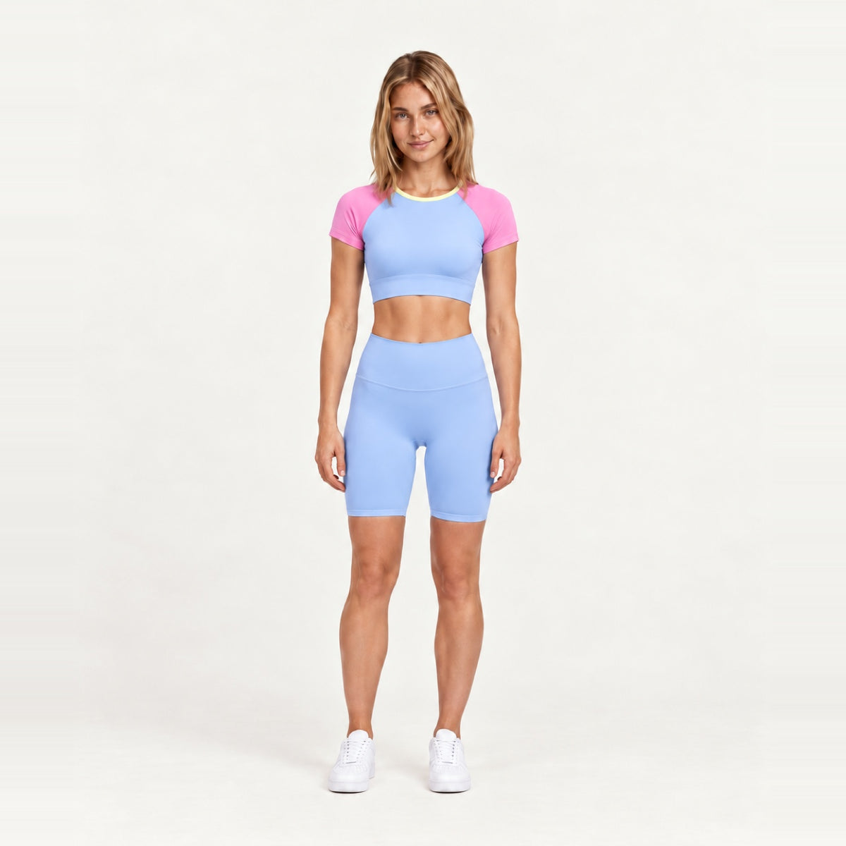 Contrast-Sleeve Crop Top and Biker Shorts Set - Sky Blue