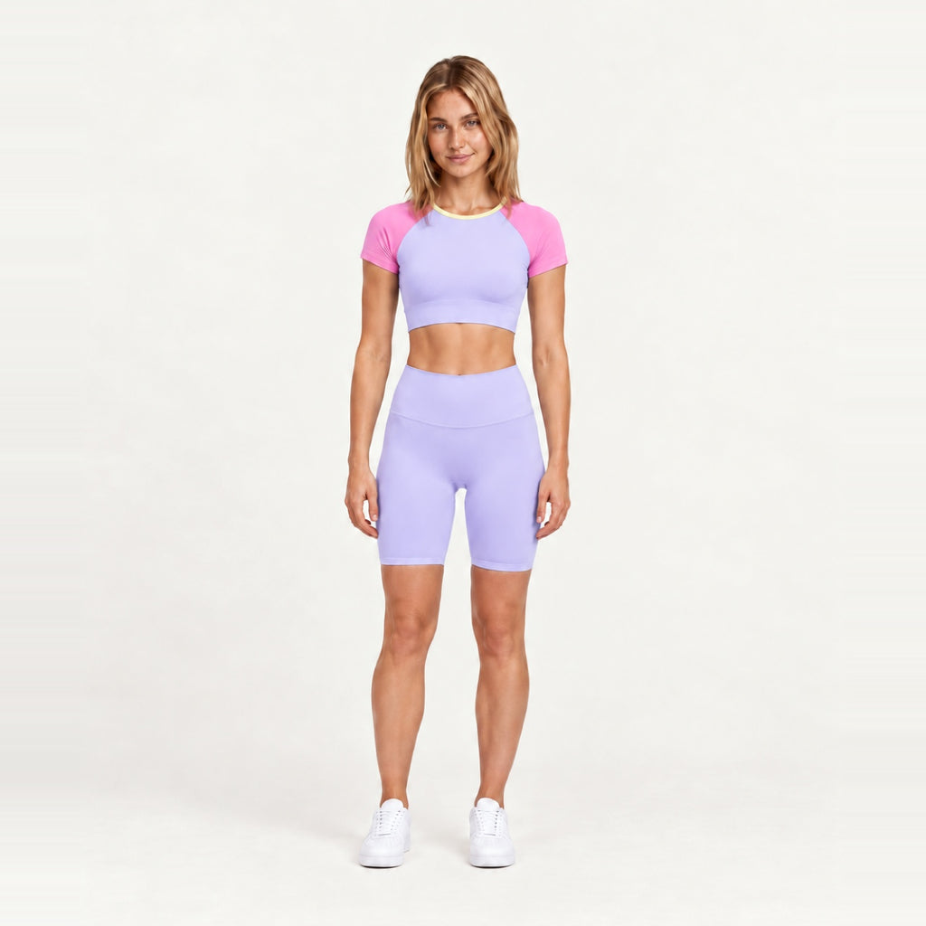 Contrast-Sleeve Crop Top and Biker Shorts Set - Lavender