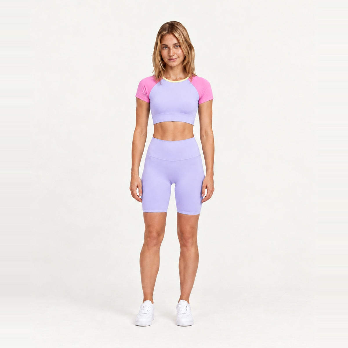 Contrast-Sleeve Crop Top and Biker Shorts Set - Lavender