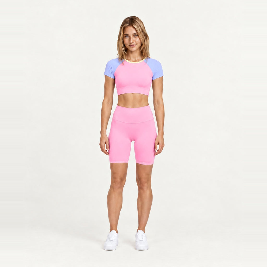 Contrast-Sleeve Crop Top and Biker Shorts Set - Pink