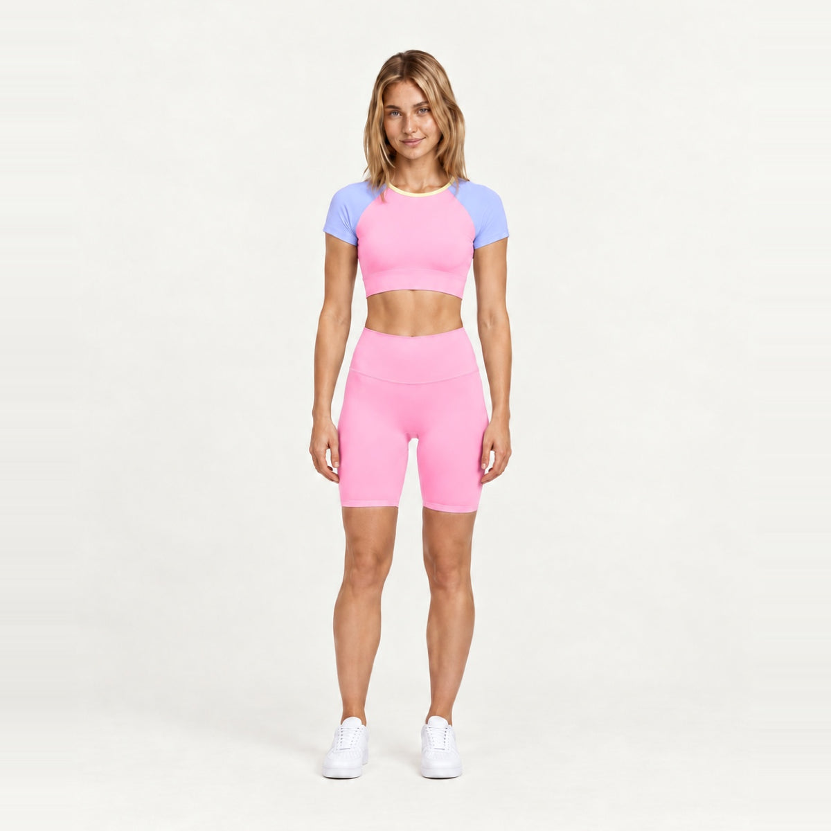 Contrast-Sleeve Crop Top and Biker Shorts Set - Pink