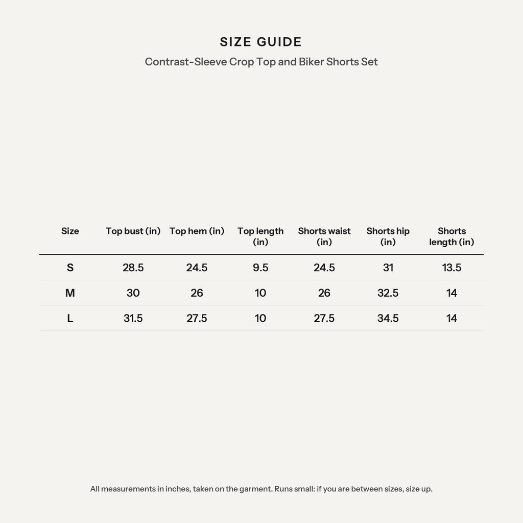 Contrast-Sleeve Crop Top and Biker Shorts Set - size guide