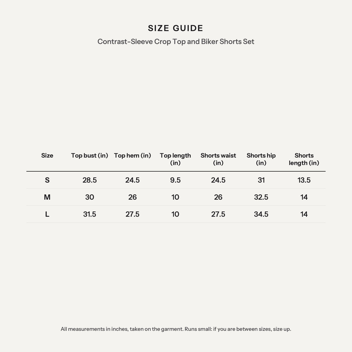 Contrast-Sleeve Crop Top and Biker Shorts Set - size guide