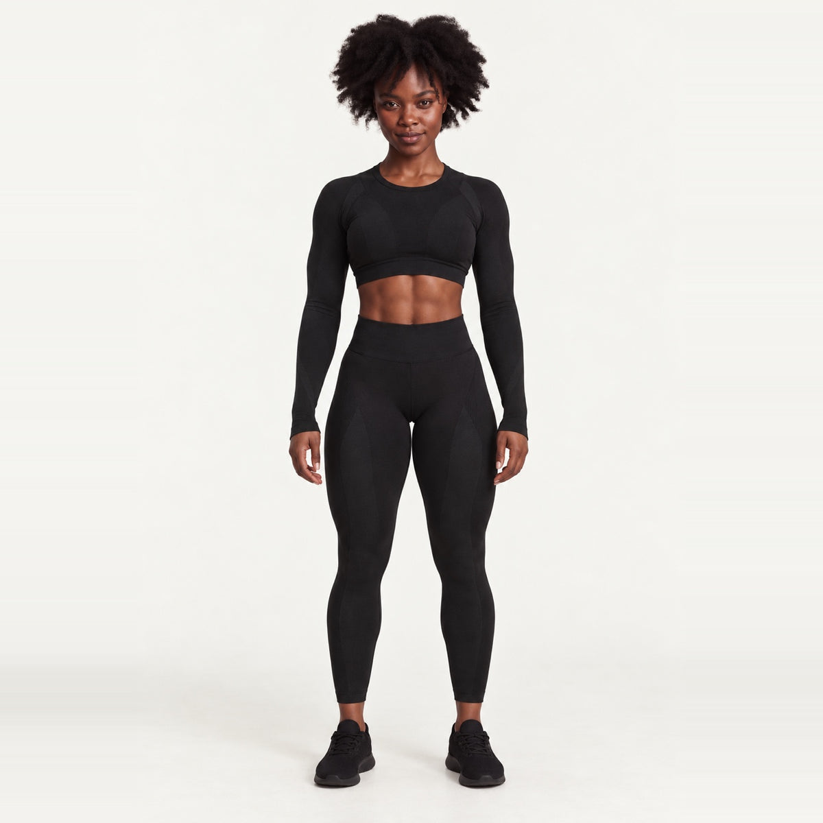 Open-Back Long Sleeve Crop Top and Leggings Set - Black