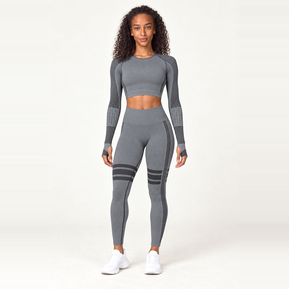 Long Sleeve Paneled Crop Top and Leggings Set - Charcoal