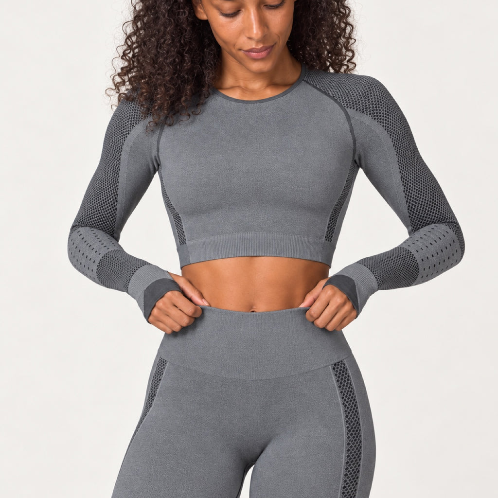 Long Sleeve Paneled Crop Top and Leggings Set - detail