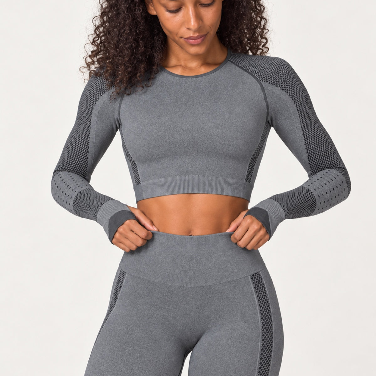 Long Sleeve Paneled Crop Top and Leggings Set - detail